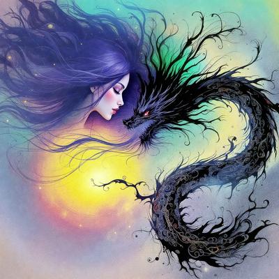 The primary subject of the image is a woman with long hair, who is kissing a dragon. The setting is a colorful background, which adds to the overall atmosphere of the scene. The visual style is a combination of digital art and illustration, creating a unique and captivating image. The colors are vibrant and lively, with the woman's hair being blue and the dragon having a green and black color scheme.